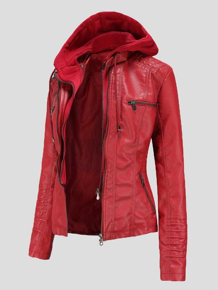 Women's Jackets Hooded Zipper Detachable Pu Leather Jacket