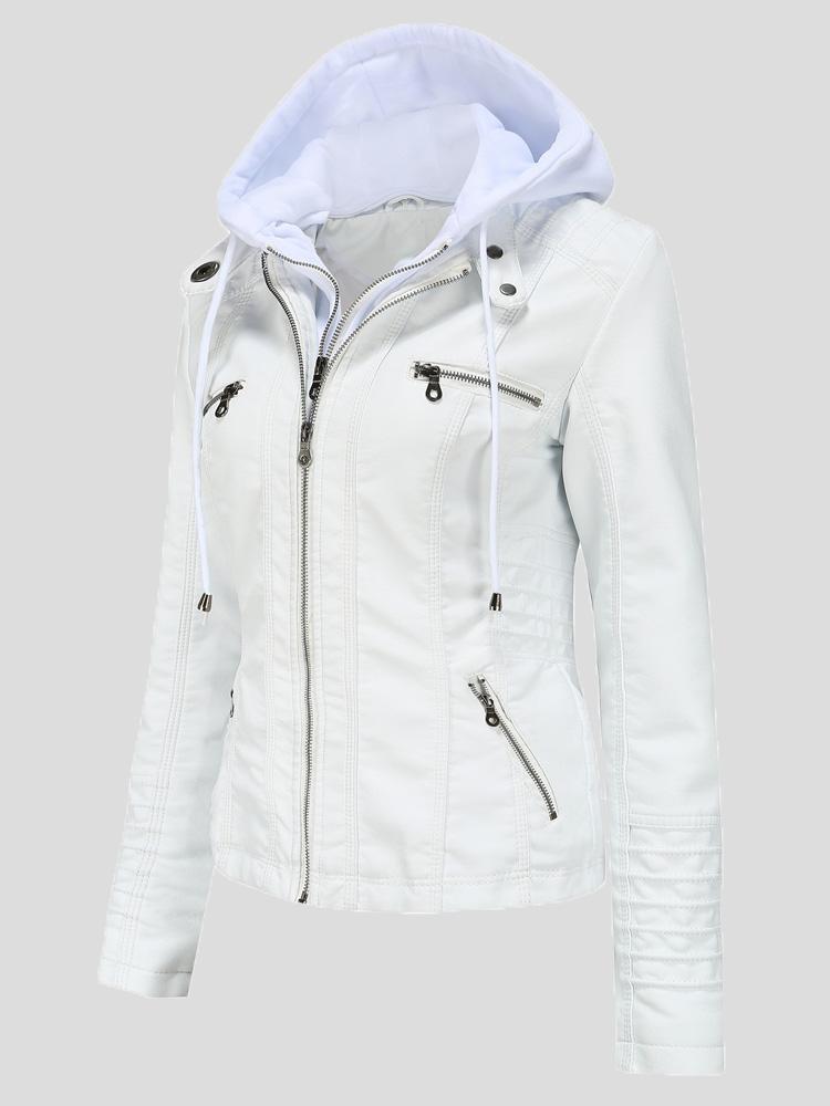 Women's Jackets Hooded Zipper Detachable Pu Leather Jacket