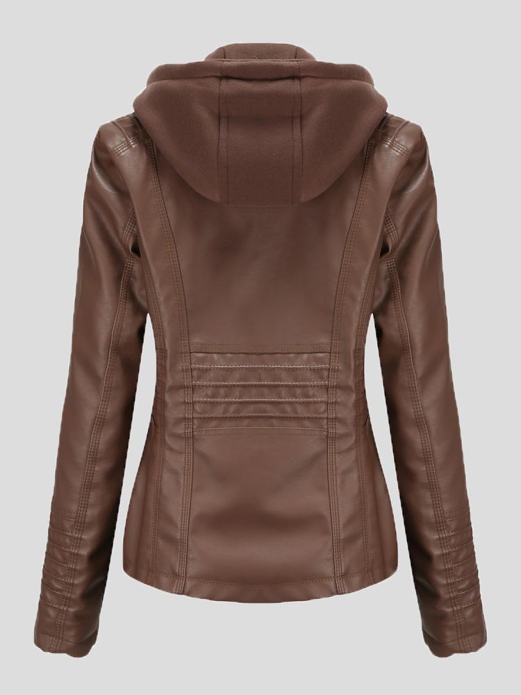 Women's Jackets Hooded Zipper Detachable Pu Leather Jacket