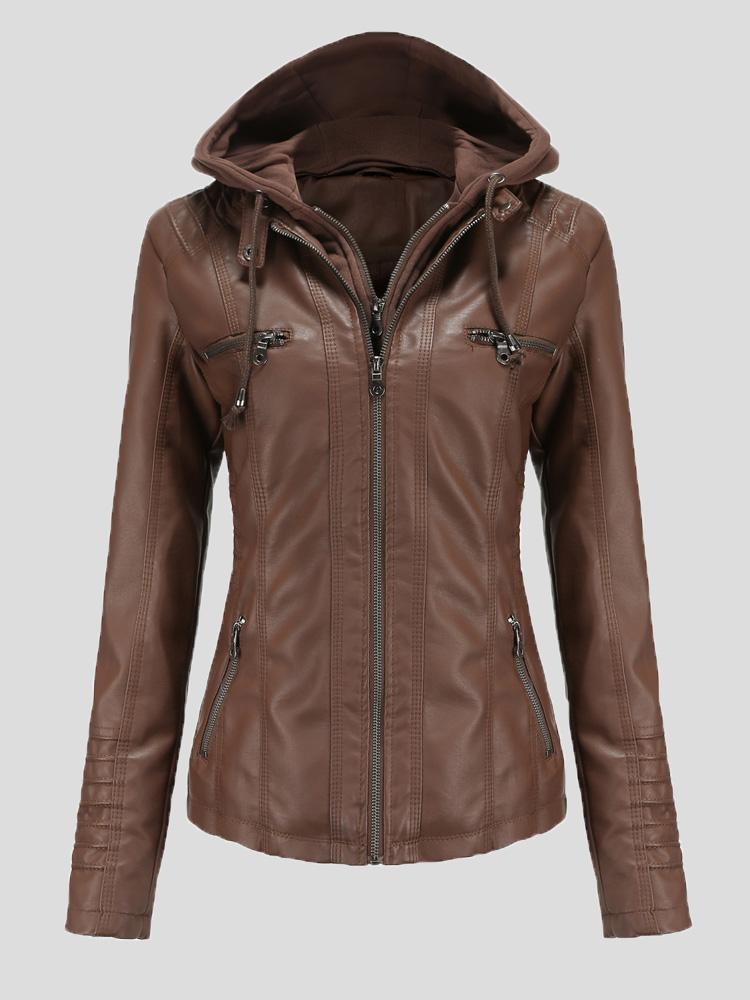 Women's Jackets Hooded Zipper Detachable Pu Leather Jacket