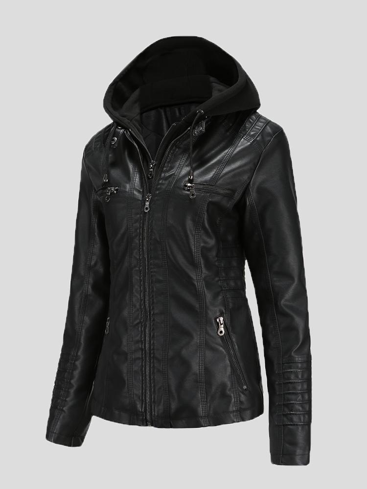 Women's Jackets Hooded Zipper Detachable Pu Leather Jacket