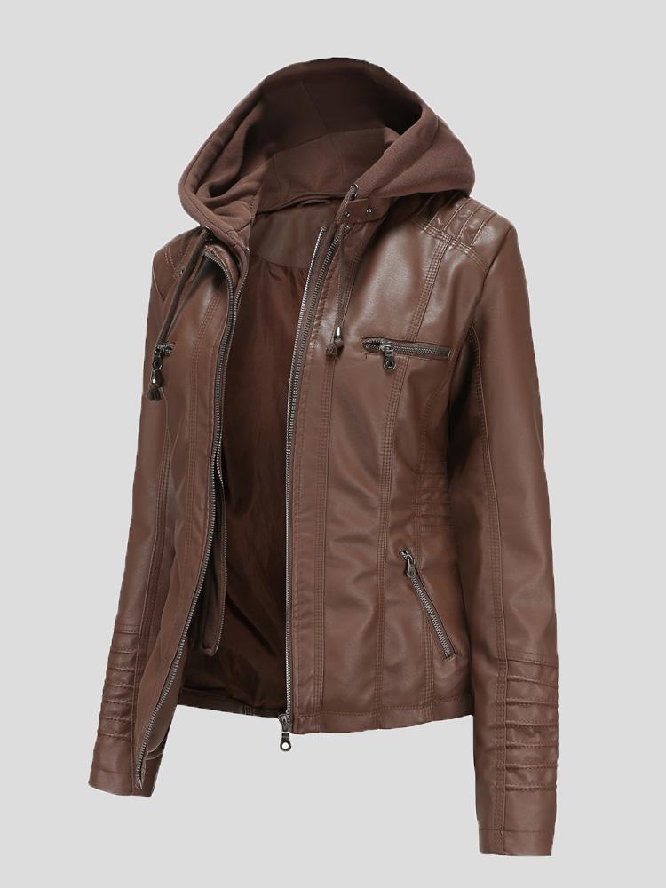 Women's Jackets Hooded Zipper Detachable Pu Leather Jacket