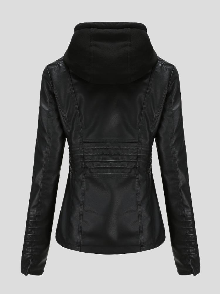 Women's Jackets Hooded Zipper Detachable Pu Leather Jacket