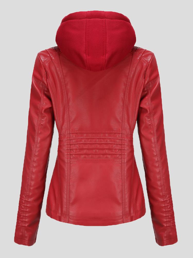 Women's Jackets Hooded Zipper Detachable Pu Leather Jacket