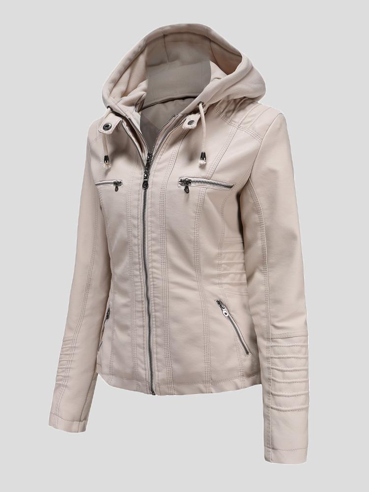 Women's Jackets Hooded Zipper Detachable Pu Leather Jacket