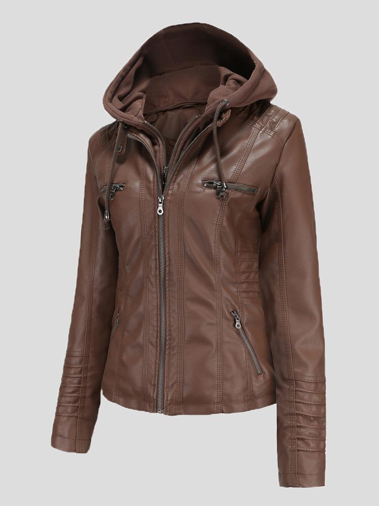 Women's Jackets Hooded Zipper Detachable Pu Leather Jacket