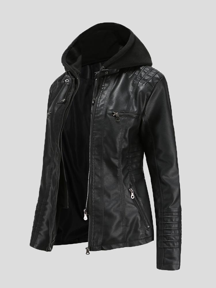 Women's Jackets Hooded Zipper Detachable Pu Leather Jacket