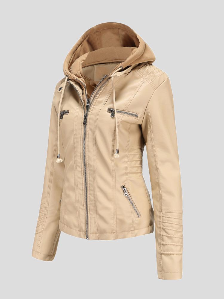 Women's Jackets Hooded Zipper Detachable Pu Leather Jacket