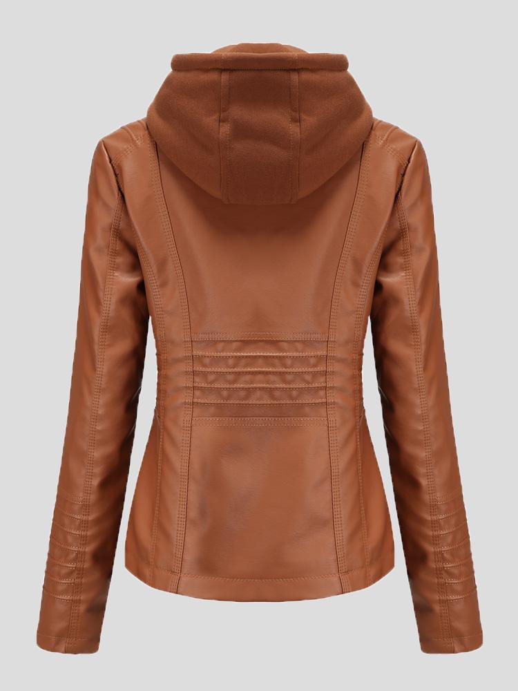 Women's Jackets Hooded Zipper Detachable Pu Leather Jacket