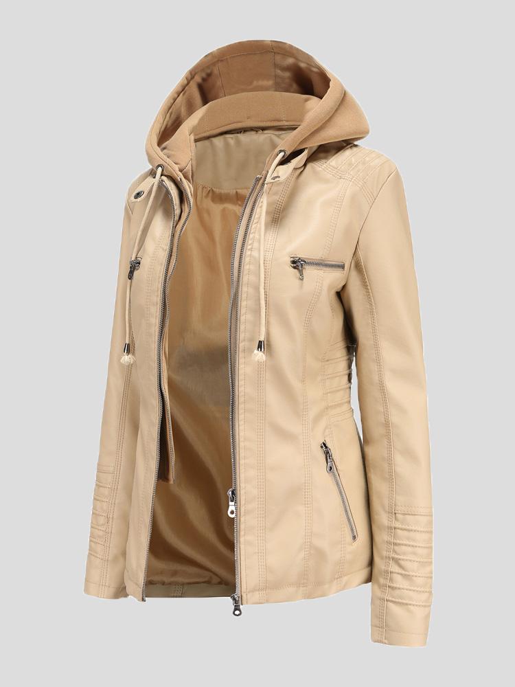 Women's Jackets Hooded Zipper Detachable Pu Leather Jacket