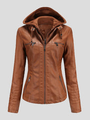 Women's Jackets Hooded Zipper Detachable Pu Leather Jacket