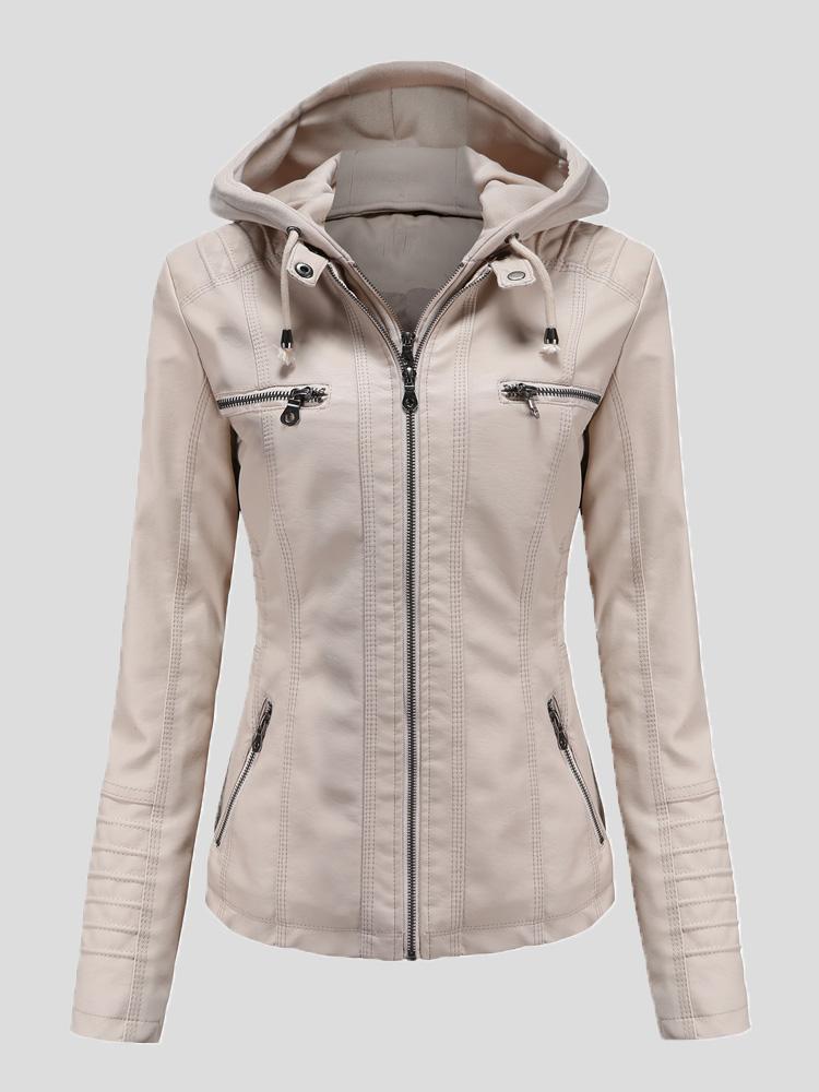 Women's Jackets Hooded Zipper Detachable Pu Leather Jacket