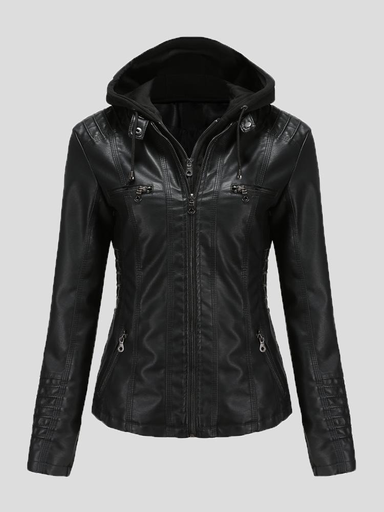 Women's Jackets Hooded Zipper Detachable Pu Leather Jacket