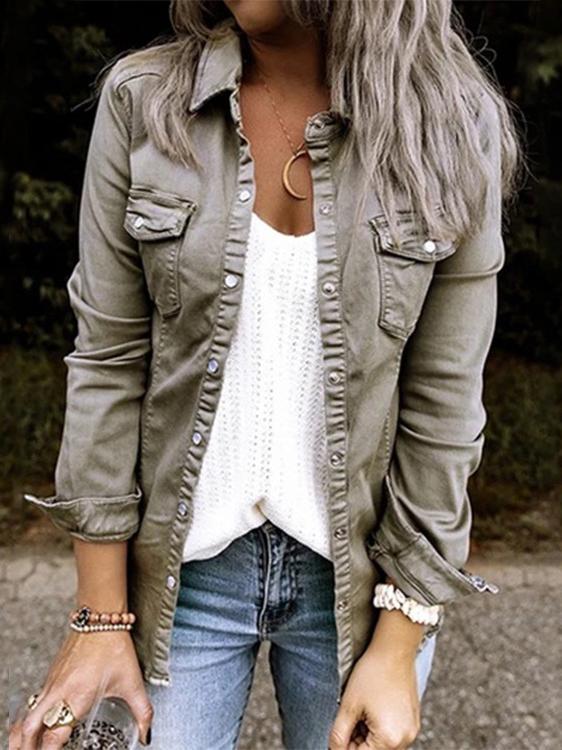 Women's Jackets Pocket Button Long Sleeve Denim Shirt Jacket