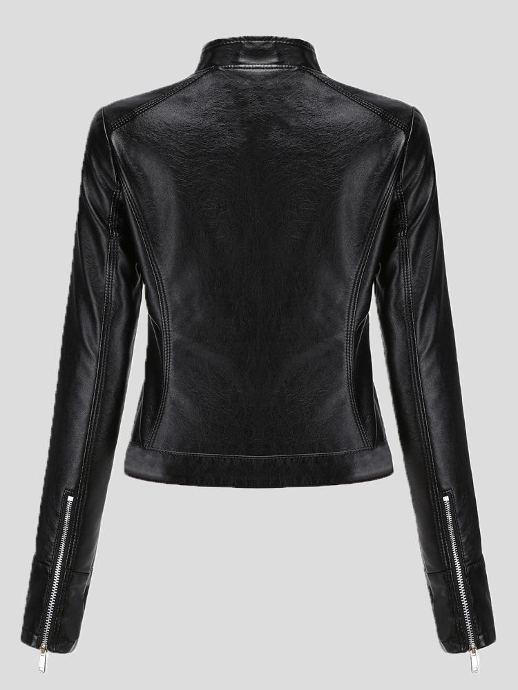 Women's Jackets Short Stand-Up Collar Zipped Leather Jacket