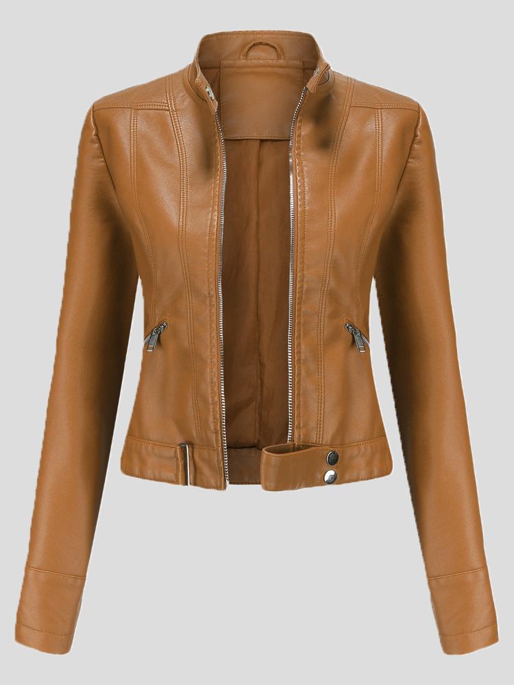 Women's Jackets Short Stand-Up Collar Zipped Leather Jacket