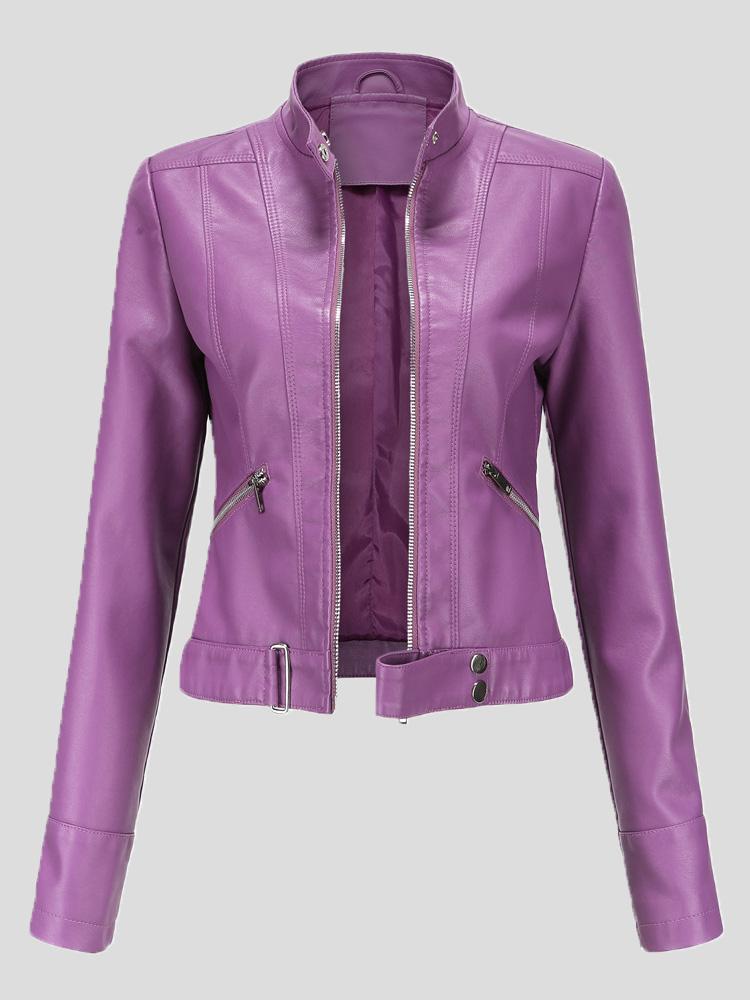 Women's Jackets Short Stand-Up Collar Zipped Leather Jacket