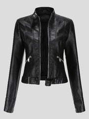 Women's Jackets Short Stand-Up Collar Zipped Leather Jacket