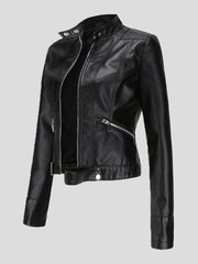 Women's Jackets Short Stand-Up Collar Zipped Leather Jacket