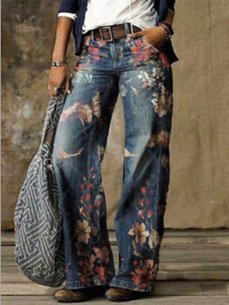 Women's Jeans Casual Floral Print Pocket Wide-Leg Jeans