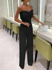 Women's Jumpsuits Feather Bandeau Belt Jumpsuit