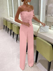 Women's Jumpsuits Feather Bandeau Belt Jumpsuit