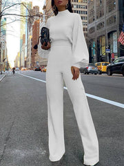 Women's Jumpsuits High Neck Open Back Long Sleeve Wide-Leg Jumpsuit