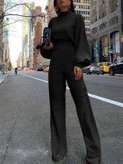 Women's Jumpsuits High Neck Open Back Long Sleeve Wide-Leg Jumpsuit