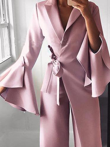 Women's Jumpsuits Lapel Flare Long Sleeve Belted Jumpsuit