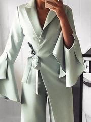 Women's Jumpsuits Lapel Flare Long Sleeve Belted Jumpsuit