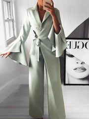 Women's Jumpsuits Lapel Flare Long Sleeve Belted Jumpsuit