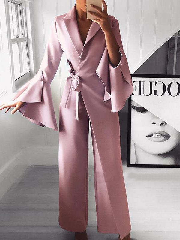 Women's Jumpsuits Lapel Flare Long Sleeve Belted Jumpsuit