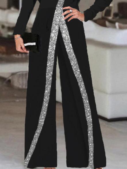 Women's Jumpsuits Sequin Paneling Slanted Shoulder Long Sleeve Wide Leg Jumpsuit