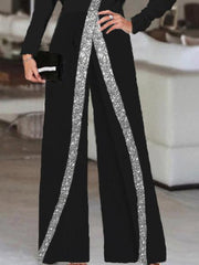 Women's Jumpsuits Sequin Paneling Slanted Shoulder Long Sleeve Wide Leg Jumpsuit