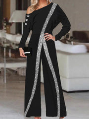 Women's Jumpsuits Sequin Paneling Slanted Shoulder Long Sleeve Wide Leg Jumpsuit