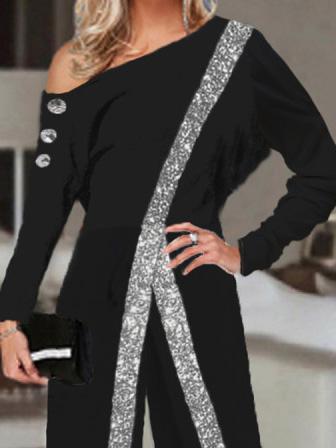 Women's Jumpsuits Sequin Paneling Slanted Shoulder Long Sleeve Wide Leg Jumpsuit