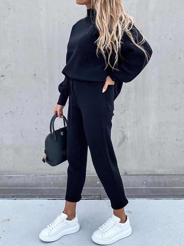 Women's Sets High Collar Casual Solid Trousers Pocket Two-piece Suit