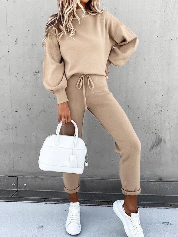 Women's Sets High Collar Casual Solid Trousers Pocket Two-piece Suit