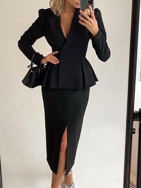 Women's Sets Long Sleeve Jacket & Split Skirt Two-Piece Suit