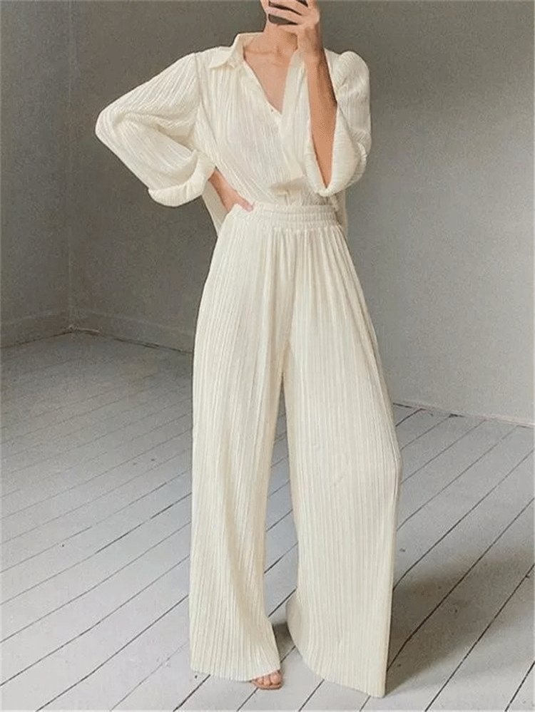 Women's Sets Long Sleeve Pleated Shirt & Wide-Leg Trousers Two-Piece Suit