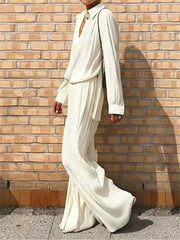 Women's Sets Long Sleeve Pleated Shirt & Wide-Leg Trousers Two-Piece Suit