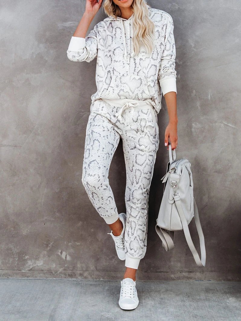 Women's Sets Snake Print Hooded & Elasticated Trousers Two-Piece Suit