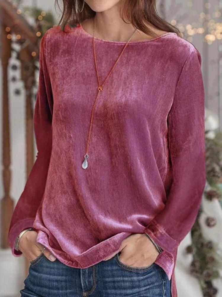 Women's T-Shirts Gold Velvet Long Sleeve Round Neck T-Shirt