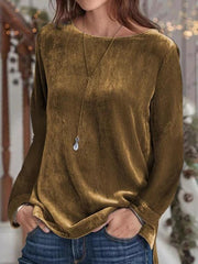 Women's T-Shirts Gold Velvet Long Sleeve Round Neck T-Shirt