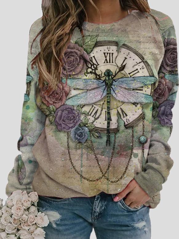 Women's T-Shirts Retro Dragonfly Print Round Neck Long Sleeve T-Shirt