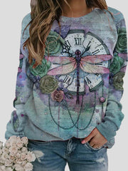 Women's T-Shirts Retro Dragonfly Print Round Neck Long Sleeve T-Shirt