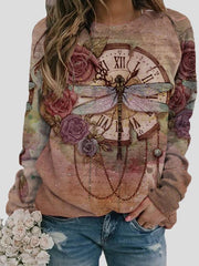 Women's T-Shirts Retro Dragonfly Print Round Neck Long Sleeve T-Shirt