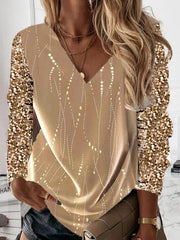 Women's T-Shirts V-Neck Sequined Long Sleeve T-Shirt